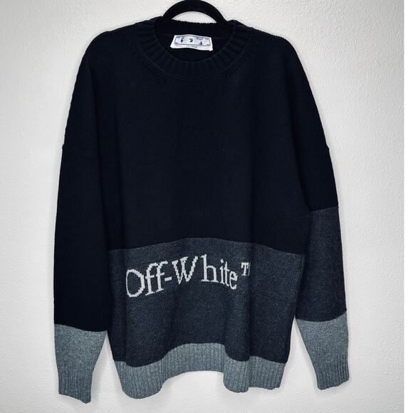 Off White Wool Black & Gray Colorblock Crew Neck Sweater Jumper XL - Picture 5 of 16